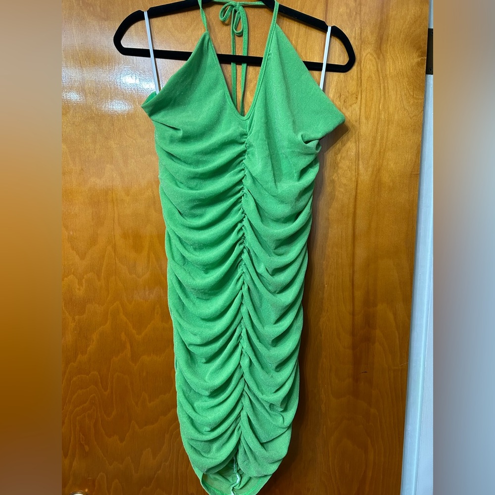 Shein Green Halter Sparkly Ruched Mini Dress